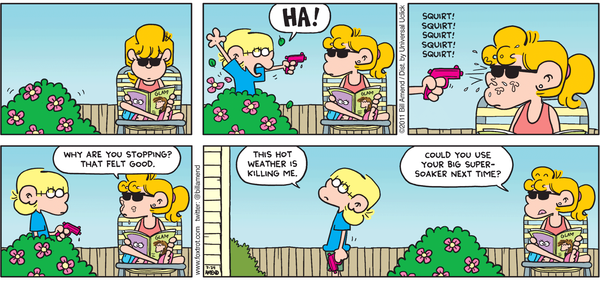FoxTrot comic strip by Bill Amend - "A Good Squirt Ruined" published July 24, 2011 - Jason: HA! Paige: Why are you stopping? That felt good. Jason: This hot weather is killing me. Paige: Could you use your big super-soaker next time?