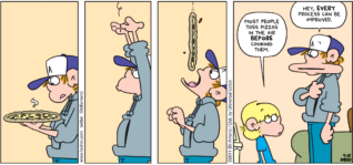 FoxTrot comic strip by Bill Amend - "Bite Sized" published September 25, 2011 - Jason: Most people toss pizzas in the air BEFORE cooking them. Peter: Hey, EVERY process can be improved.