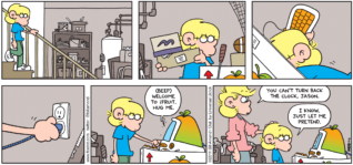 FoxTrot comic strip by Bill Amend - "Remembrance" published November 4, 2011 - Computer: (Beep) Welcome to iFruit. Hug me. Andy: You can't turn back the clock, Jason. Jason: I know. Just let me pretend.