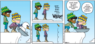 FoxTrot comic strip by Bill Amend - "Crash Test" published January 29, 2012 - Marcus: Good thing we sent down a test dummy first. Jason: Am I holding my nose on firmly enough?