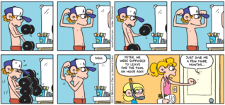 FoxTrot comic strip by Bill Amend - "Weight Weight" published June 3, 2012 - Peter: Sigh. Paige: Peter, we were supposed to leave for the pool an hour ago! Peter: Just give me a few more months...