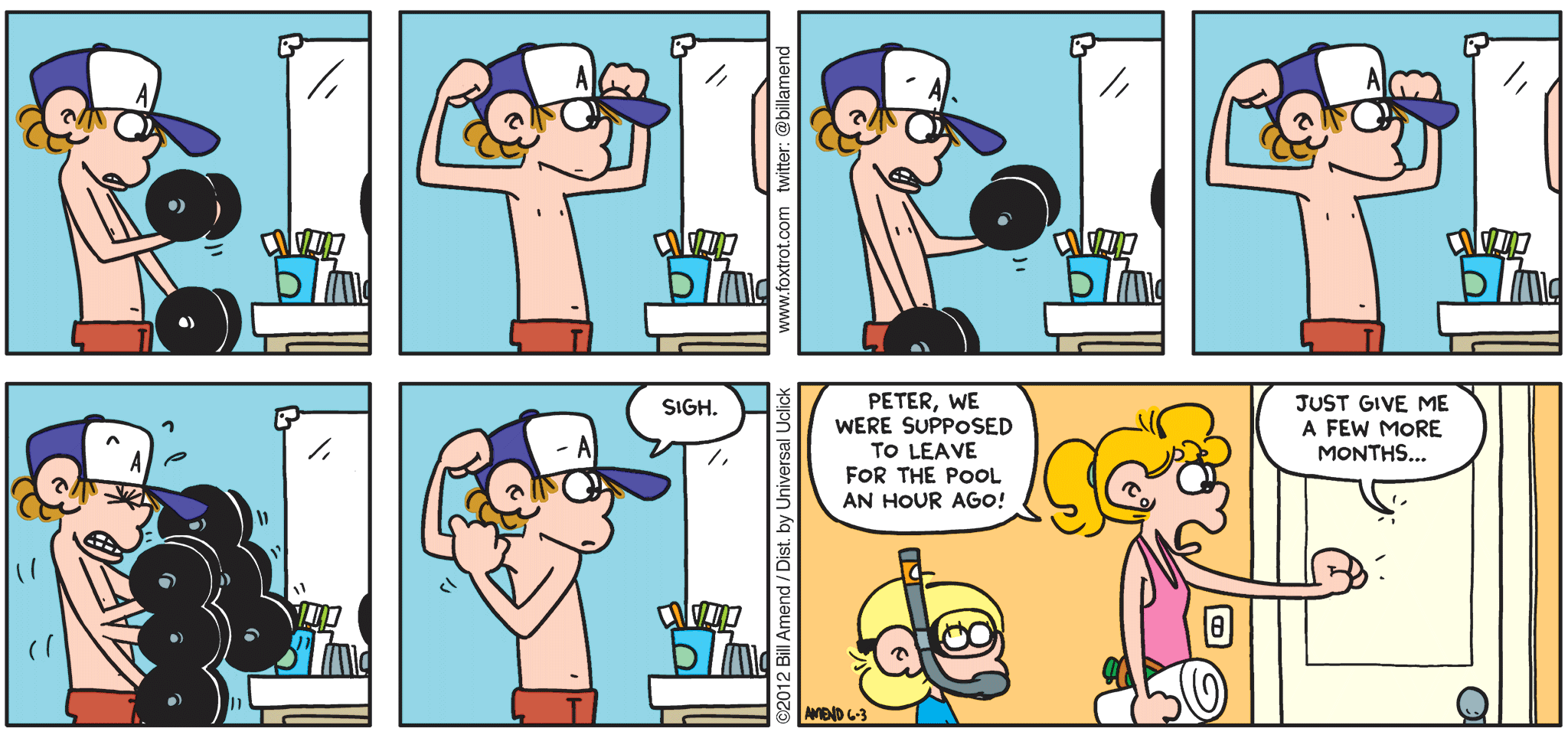 FoxTrot comic strip by Bill Amend - "Weight Weight" published June 3, 2012 - Peter: Sigh. Paige: Peter, we were supposed to leave for the pool an hour ago! Peter: Just give me a few more months...