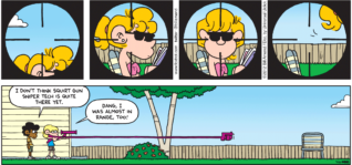 FoxTrot comic strip by Bill Amend - "Getting Close" published July 22, 2012 - Marcus: I don't think squirt gun sniper tech is quite there yet. Jason: Dang, I was almost in range, too!