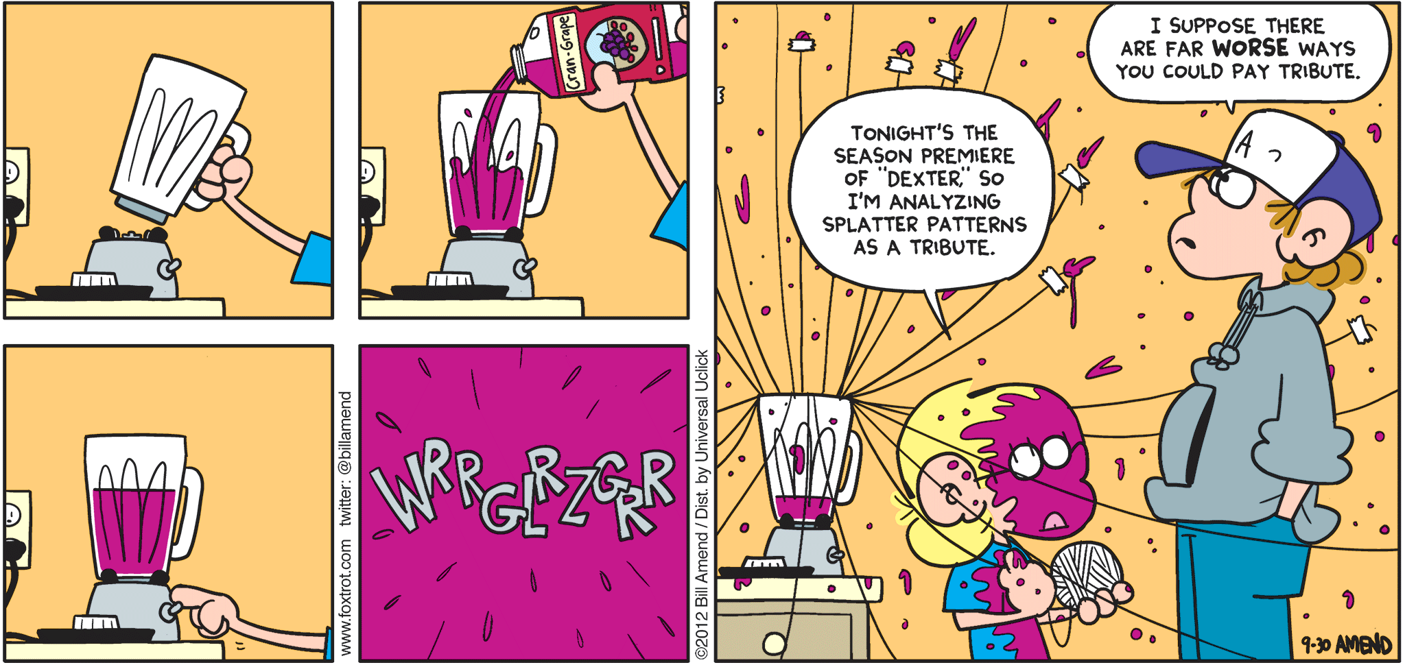 FoxTrot comic strip by Bill Amend - "Dexterous" published September 30, 2012 - Jason: Tonight's the season premiere of "Dexter," so I'm analyzing splatter patterns as a tribute. Peter: I suppose there are far WORSE ways you could pay tribute.