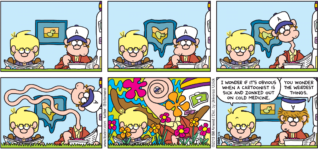 FoxTrot by Bill Amend - ""Comics Trip"" published April 7, 2013 - Jason: I wonder if it's obvious when a cartoonist is sick and zonked out on cold medicine. Peter: You wonder the weirdest things.