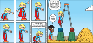 FoxTrot by Bill Amend - "Super Safe" published November 3, 2013 - Jason: On second thought, this is really dangerous. A lot of the leaves have green flecks that could be kryptonite. Marcus: Yikes! Good catch!