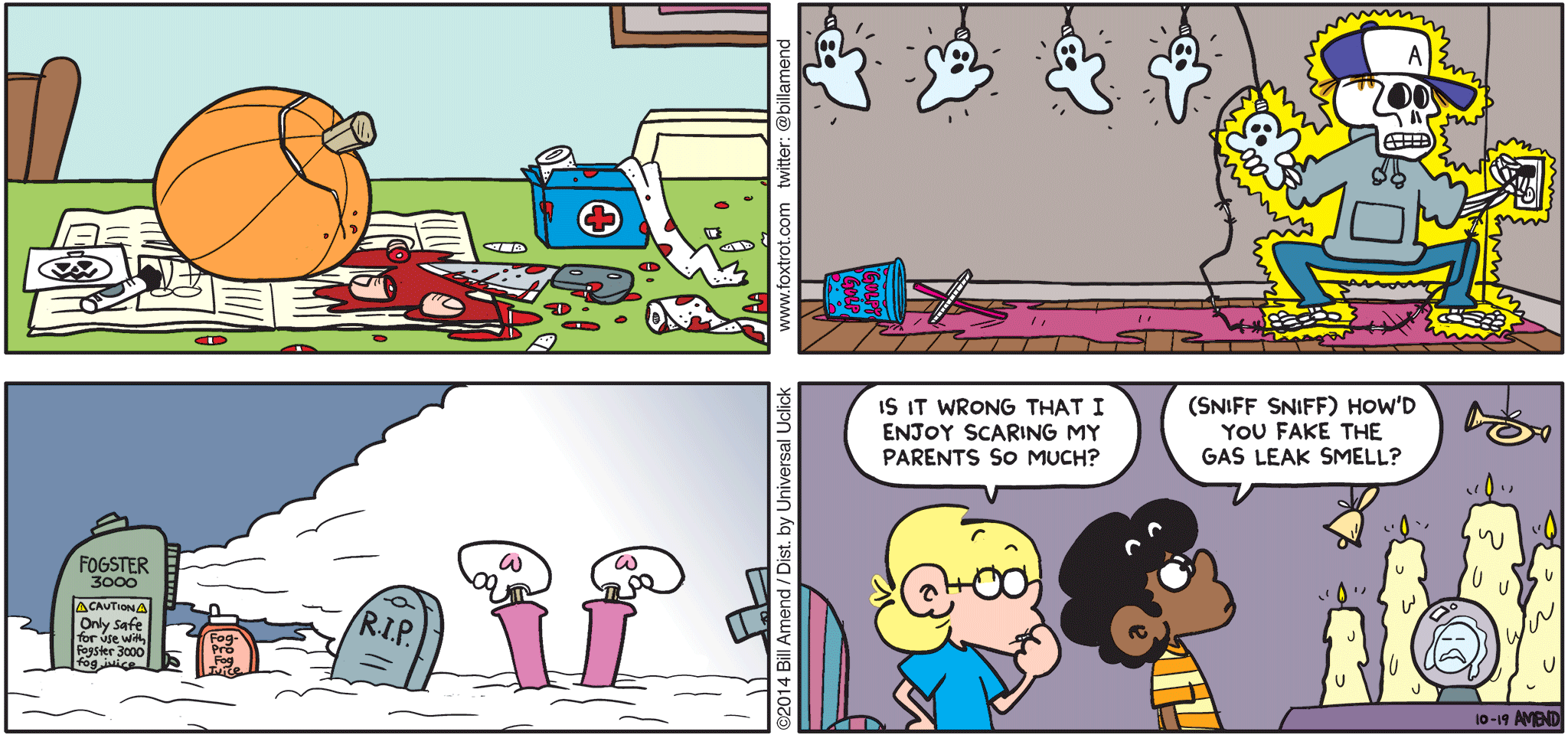 Halloween Comics - FoxTrot by Bill Amend - "Halloween Horrors" published October 19, 2014 - Jason: Is it wrong that I enjoy scaring my parents to much? Marcus: (sniff sniff) How'd you fake the gas leak smell?