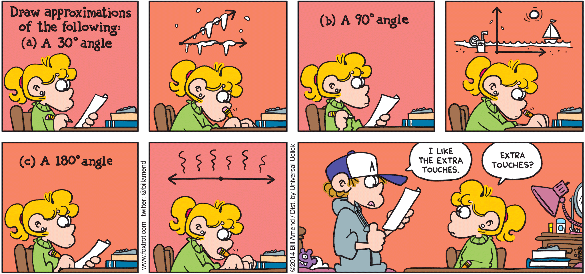 FoxTrot by Bill Amend - "Degrees Illustrated" published December 7, 2014 - Peter: I like the extra touches. Paige: Extra touches?
