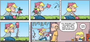 FoxTrot by Bill Amend - "Out of Season" published May 10, 2015 - Roger: Son, remember last Halloween, when I said, "be sure to bring in all your yard decoration"? Jason: Kinda. Why?