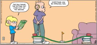 FoxTrot by Bill Amend - "Hole Everything" published June 21, 2015 - Jason: The box shows the putting mat lying flat on the ground. Roger: Everything can be improved, son.