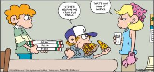 FoxTrot by Bill Amend - "Cramming" published May 20, 2018 - [Peter shoves a bunch of pizza into mouth; Steve stands next to him with several additional pizza boxes] Peter says: Steve's helping me cram for finals. Andy says: That's not how it works.