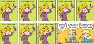 FoxTrot by Bill Amend - "S.PM." published February 17, 2019 - Paige: Woohoo! I broke 1,000 S.P.M. Roger says: Is that selfies per minute? Andy says: I'm not buying you more cloud storage, Paige!