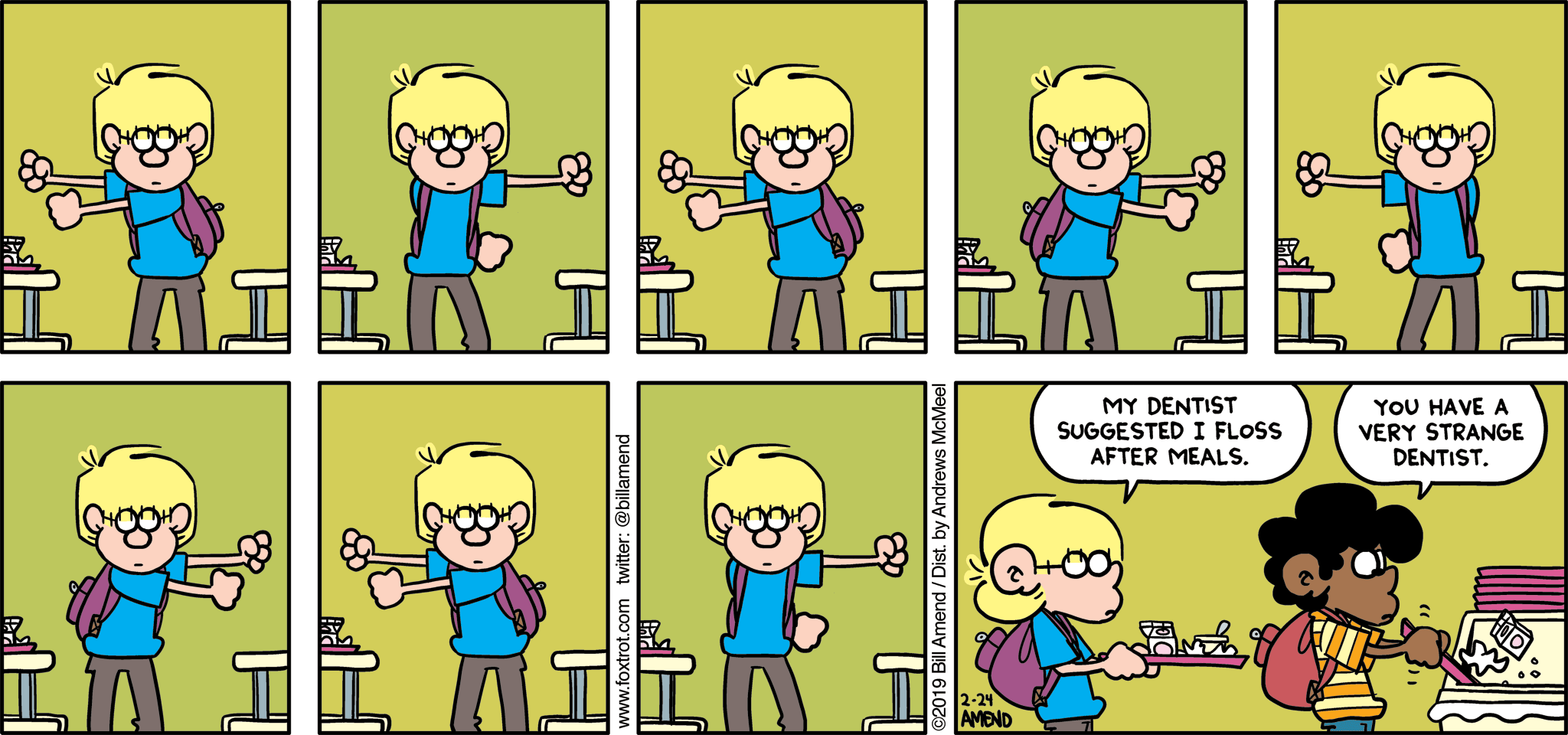 FoxTrot by Bill Amend - "Flossing" published February 24, 2019 - Jason says: My dentist suggested I floss after meals. Marcus says: You have a very strange dentist.
