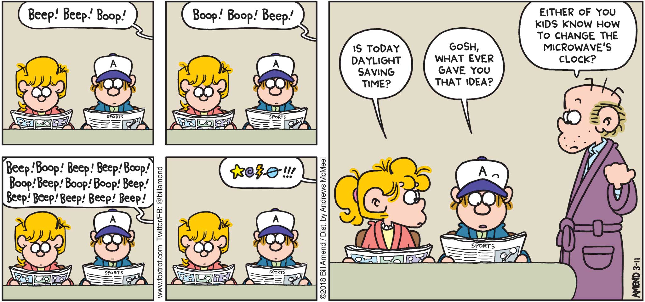 FoxTrot by Bill Amend - "Beeps and Bleeps" published March 11, 2018 - Beep! Beep! Boop! Boop! Boop! Beep! Beep! Boop! Beep! Boop! Boop! Beep! Boop! Boop! Beep! Beep! Beep! Beep! Beep! Beep! Censored word!!! Paid says: Is today daylight saving time? Peter says: Gosh, what ever gave you that idea? Roger says: Either of you kids now how to change the microwave's clock?