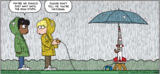 FoxTrot by Bill Amend - "Aerodumbnamics" published April 29, 2018 - Marcus says: Maybe we should just wait until the rain stops. Jason says: Please don't tell me you're maturing.