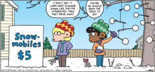 FoxTrot by Bill Amend - "Alexander Colders" published January 10, 2016 - Jason: I don't get it. Cars keep slowing down like the they're interested, then they drive away. Marcus: Maybe we should drop the price to $4?