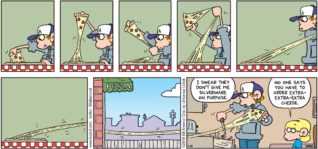 FoxTrot by Bill Amend - "Bit of a Stretch" published January 31, 2016 - Peter: I swear they don't give me silverware on purpose. Jason: No one says you have to order extra-extra-extra cheese.