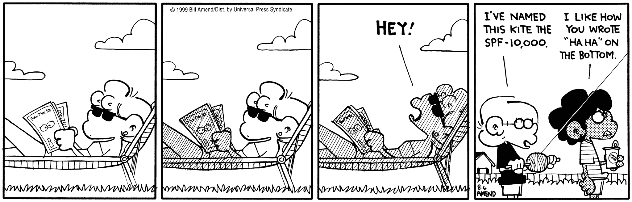 FoxTrot by Bill Amend August 6, 1999 - Summer Comics - Paige: HEY! Jason: I've named this kite the SPF - 10,000. Marcus: I like how you wrote "ha ha" on the bottom.
