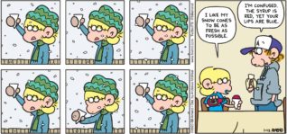 FoxTrot by Bill Amend - "Slow Cone" published January 12, 2020 - Jason: I like my snow cones to be as fresh as possible. Peter: I'm confused. The syrup is red, yet your lips ar blue.