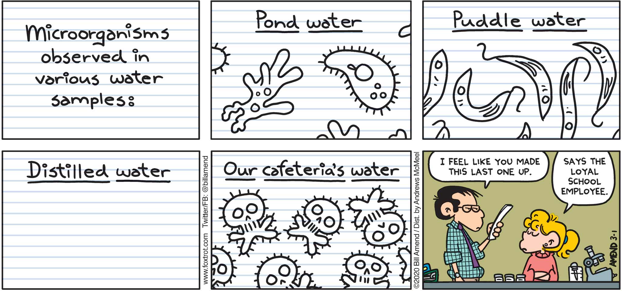 FoxTrot by Bill Amend - "Cell Phony" published March 1, 2020 - Microorganisms observed in various water samples: Pond Water, Puddle Water, Distilled Water, Our Cafeteria's Water. Teacher: I feel like you made this last one up. Paige: Says the loyal school employee.