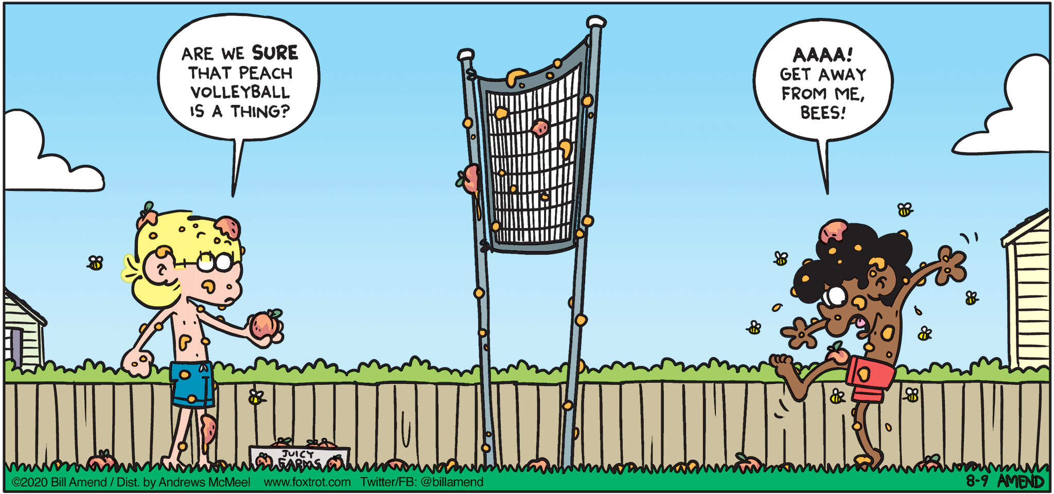FoxTrot comic strip by Bill Amend - "Peachy" published August 9, 2020 - Jason Fox: Are we sure that peach volleyball is a thing? Marcus: AAAA! Get away from me, bees!