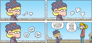 FoxTrot comic strip by Bill Amend - "Death Breath" published January 17, 2021 - Jason Fox: I love being able to see my breath. Paige Fox: I can't believe you're eating an onion.
