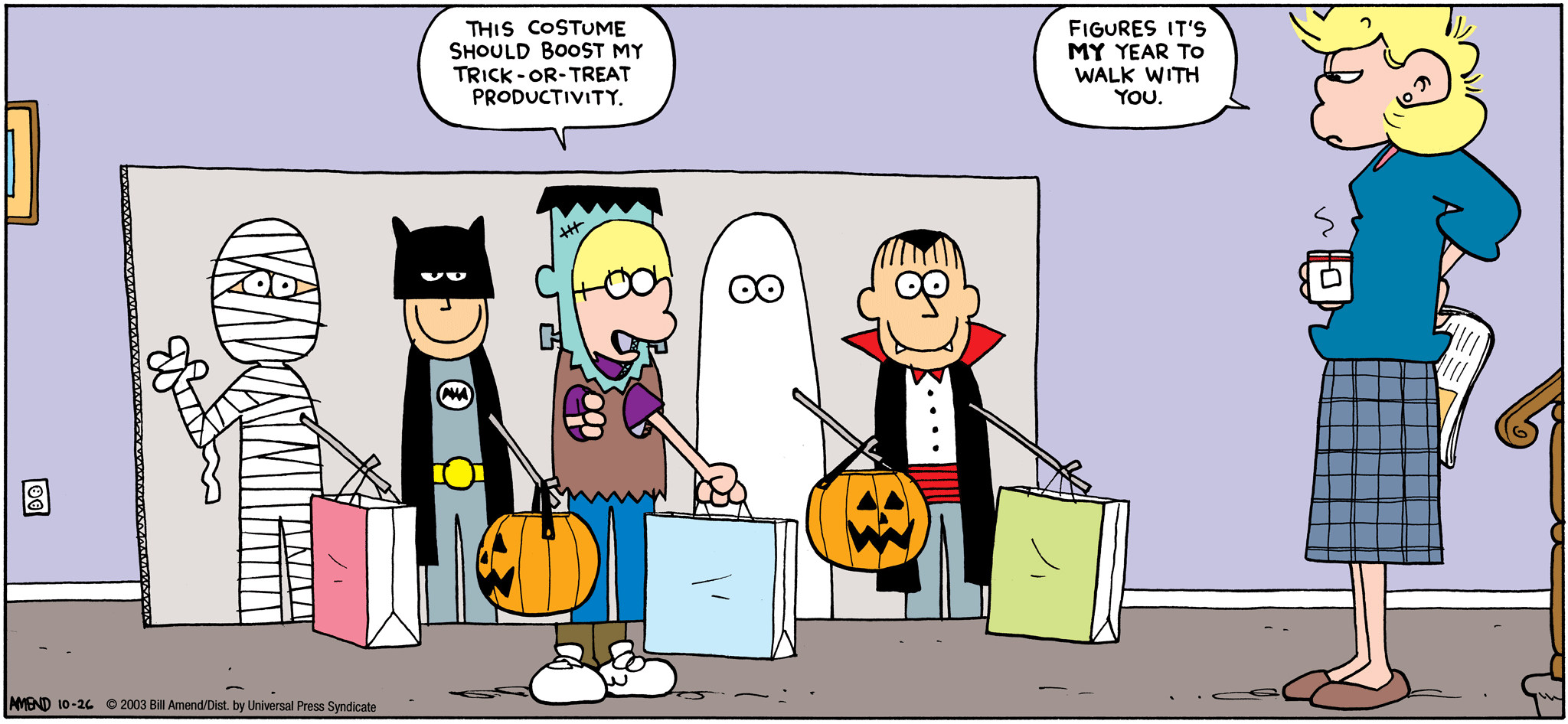 Halloween Comics - FoxTrot comic strip by Bill Amend - Published October 26, 2003 - Jason Fox: This costume should boos my trick-or-treat productivity. Andy Fox: Figures it's my year to walk with you.