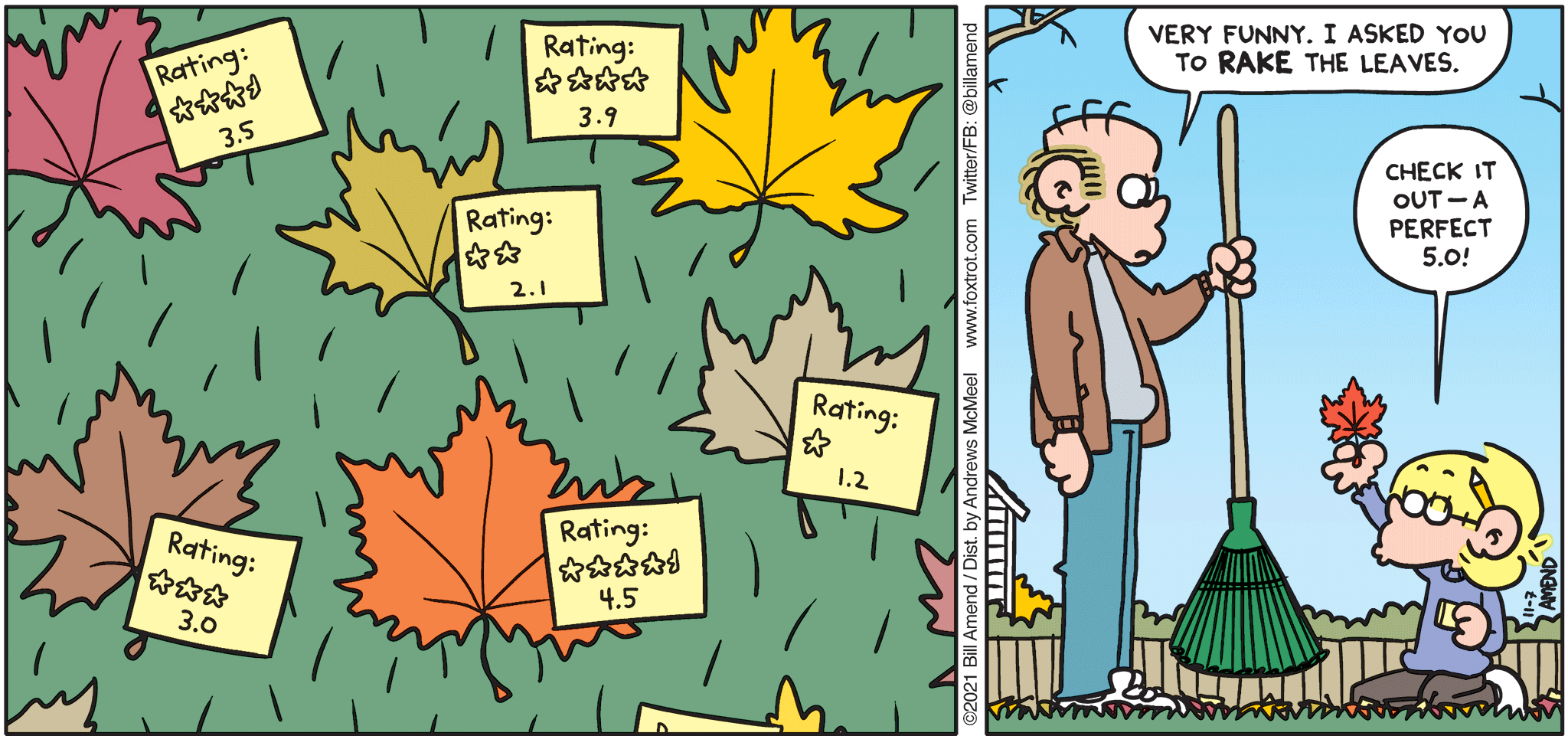 FoxTrot comic strip by Bill Amend - November 7, 2021 - Yardwork, Autumn, Leaves, Fall, Jason Fox, Roger Fox, Cartoons, Sunday Comics