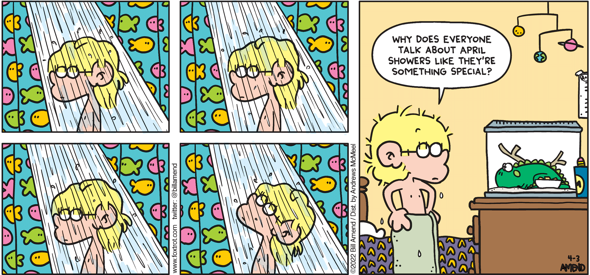 FoxTrot comic strip by Bill Amend - "Shower Season" published March 27, 2022 - Transcript: Jason Fox: Why does everyone talk about April showers like they're something special?