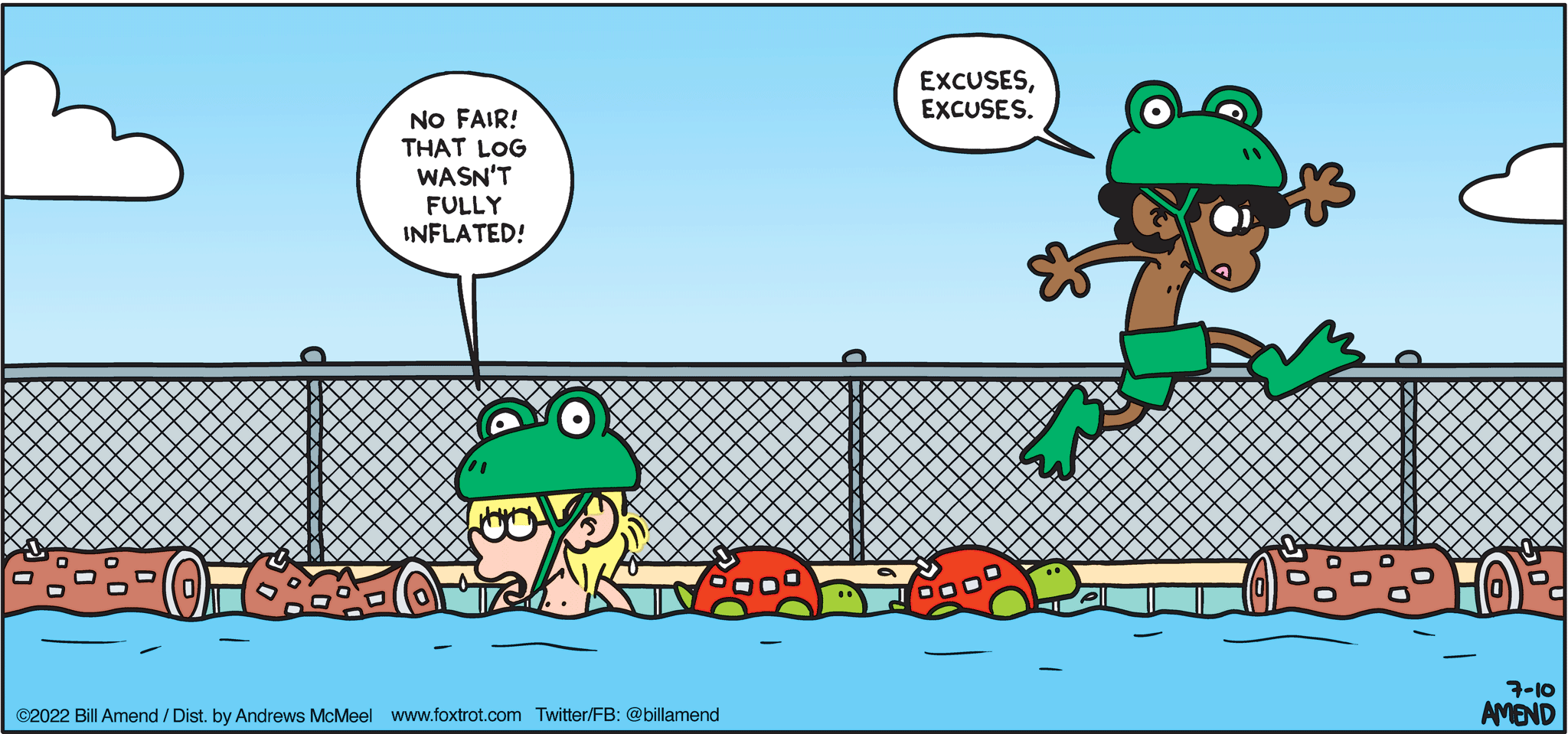 FoxTrot comic strip by Bill Amend - "Froggering" published July 10, 2022 - Transcript: Jason Fox: No fair! That log wasn't fully inflated! Marcus: Excuses, excuses.