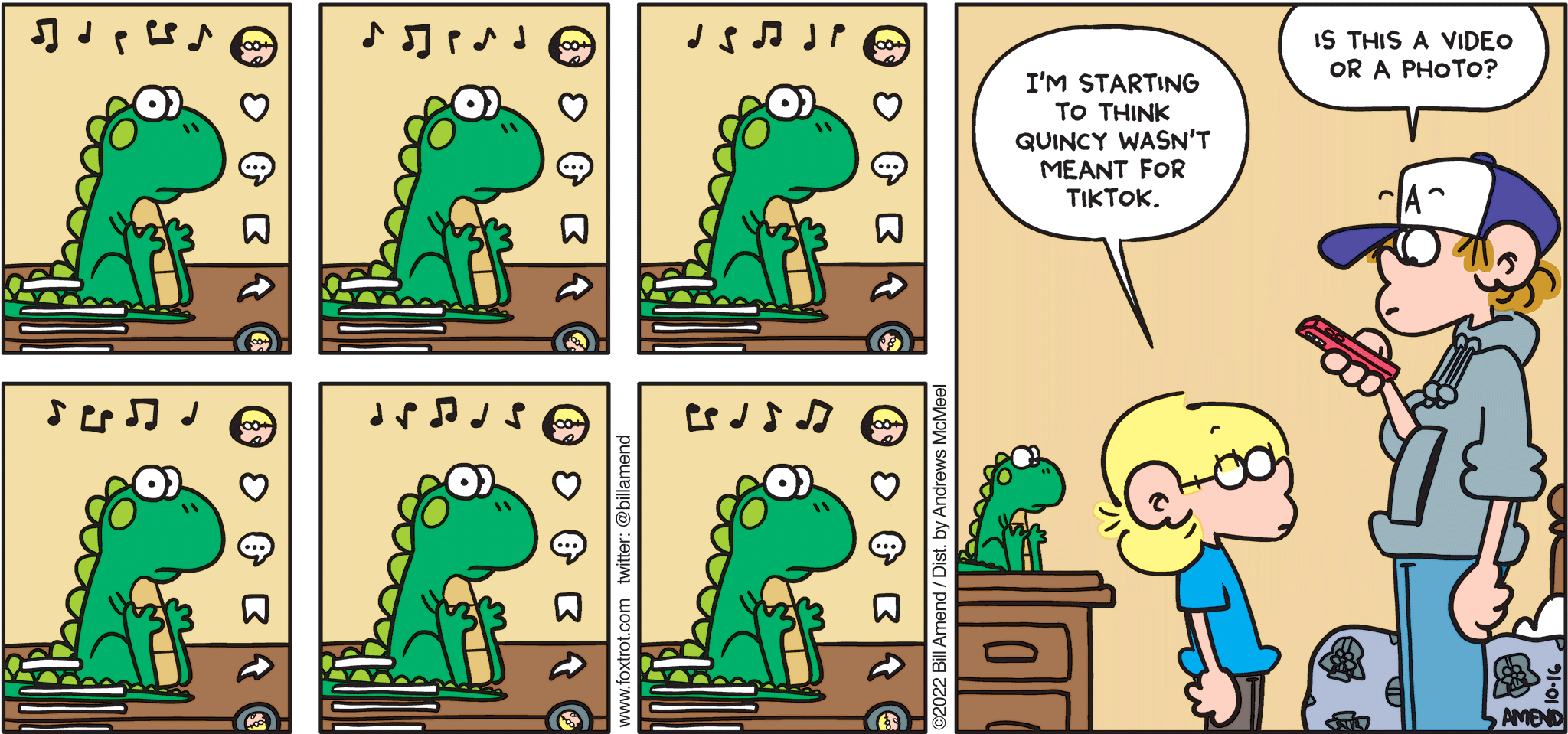 FoxTrot comic strip by Bill Amend - "QuincyTok" published October 16, 2022 - Transcript: Jason Fox: I'm starting to think Quincy wasn't meant for TikTok. Peter Fox: Is this a video or a photo? 