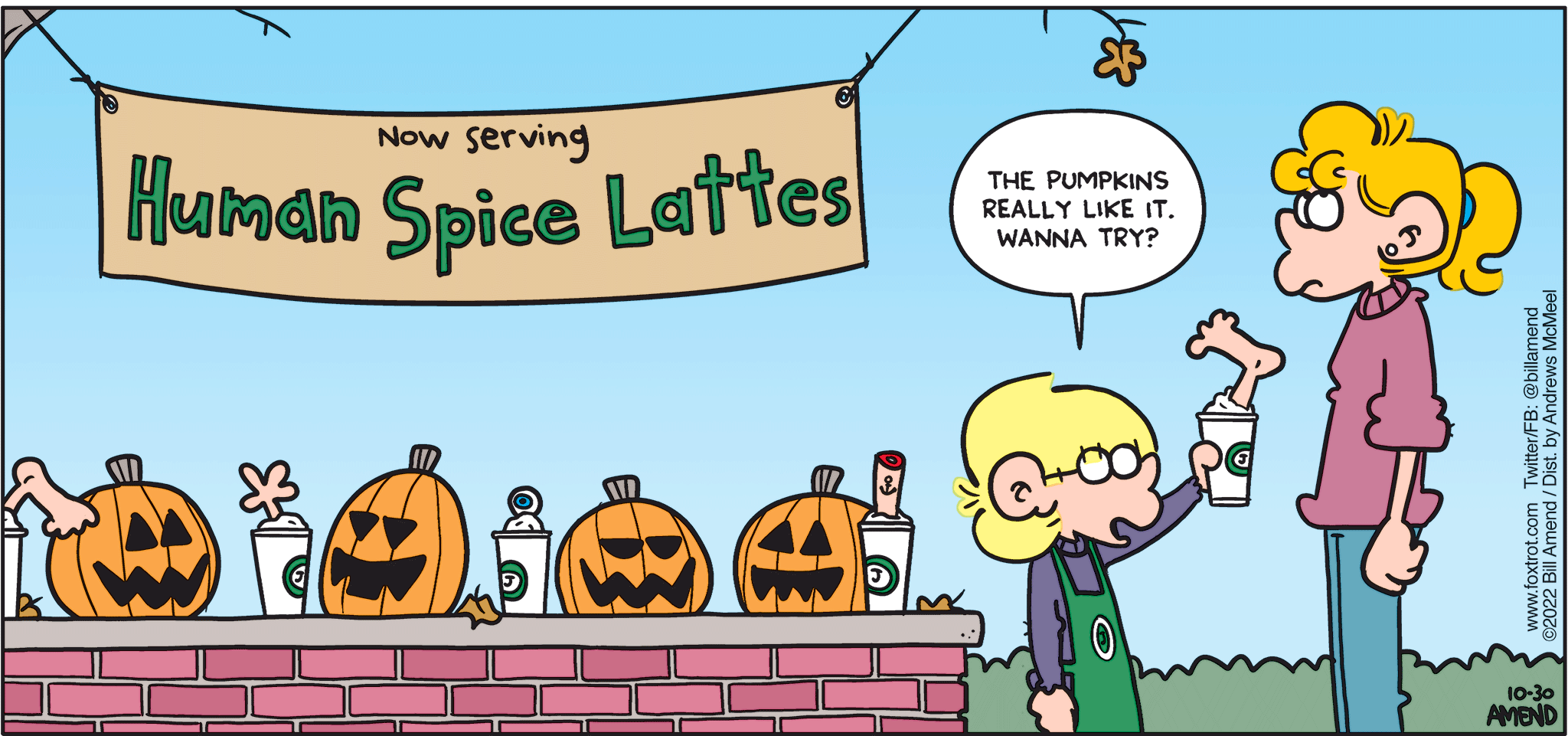 FoxTrot comic strip by Bill Amend - "Spicing Things Up" published October 30, 2022 - Transcript: Jason Fox: The pumpkins really like it. Wanna try?