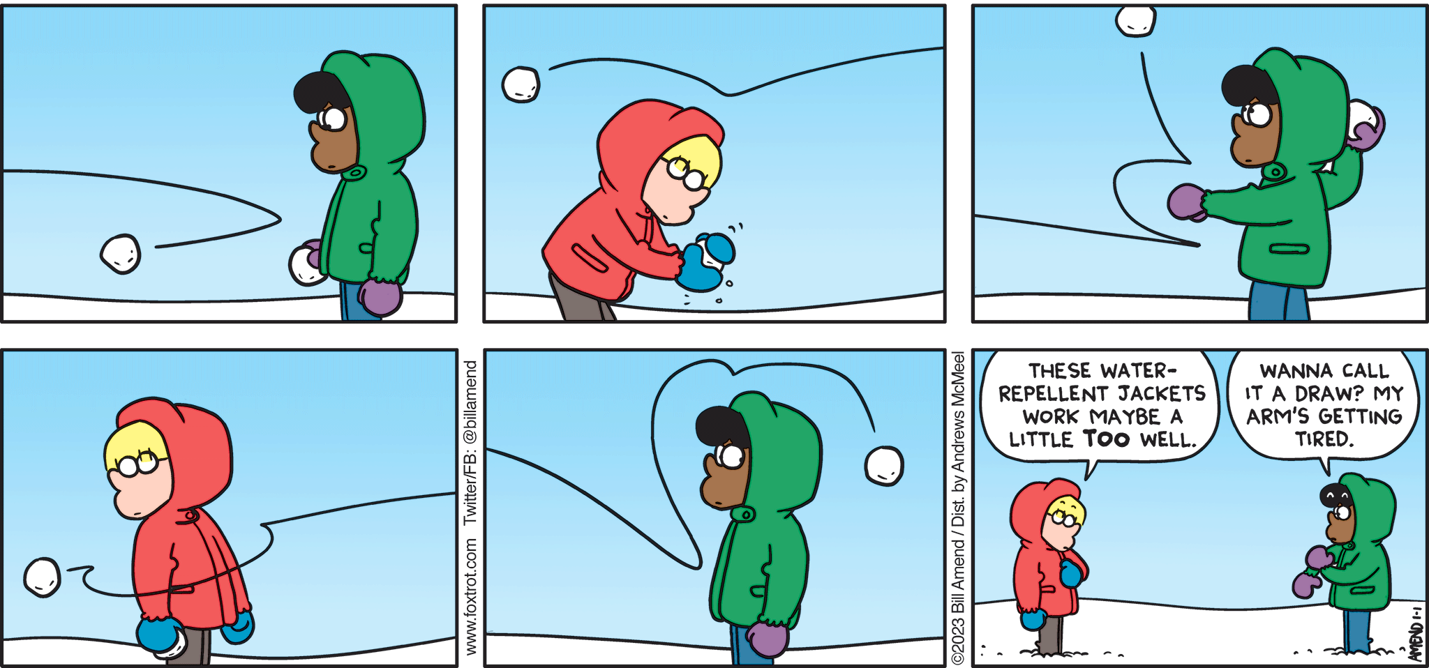 FoxTrot comic strip by Bill Amend - "Snow Shoos" published January 1, 2023 - Transcript: Jason Fox: These water-repellent jackets work a little TOO well. Marcus: Wanna call it a draw? My arm's getting tired.