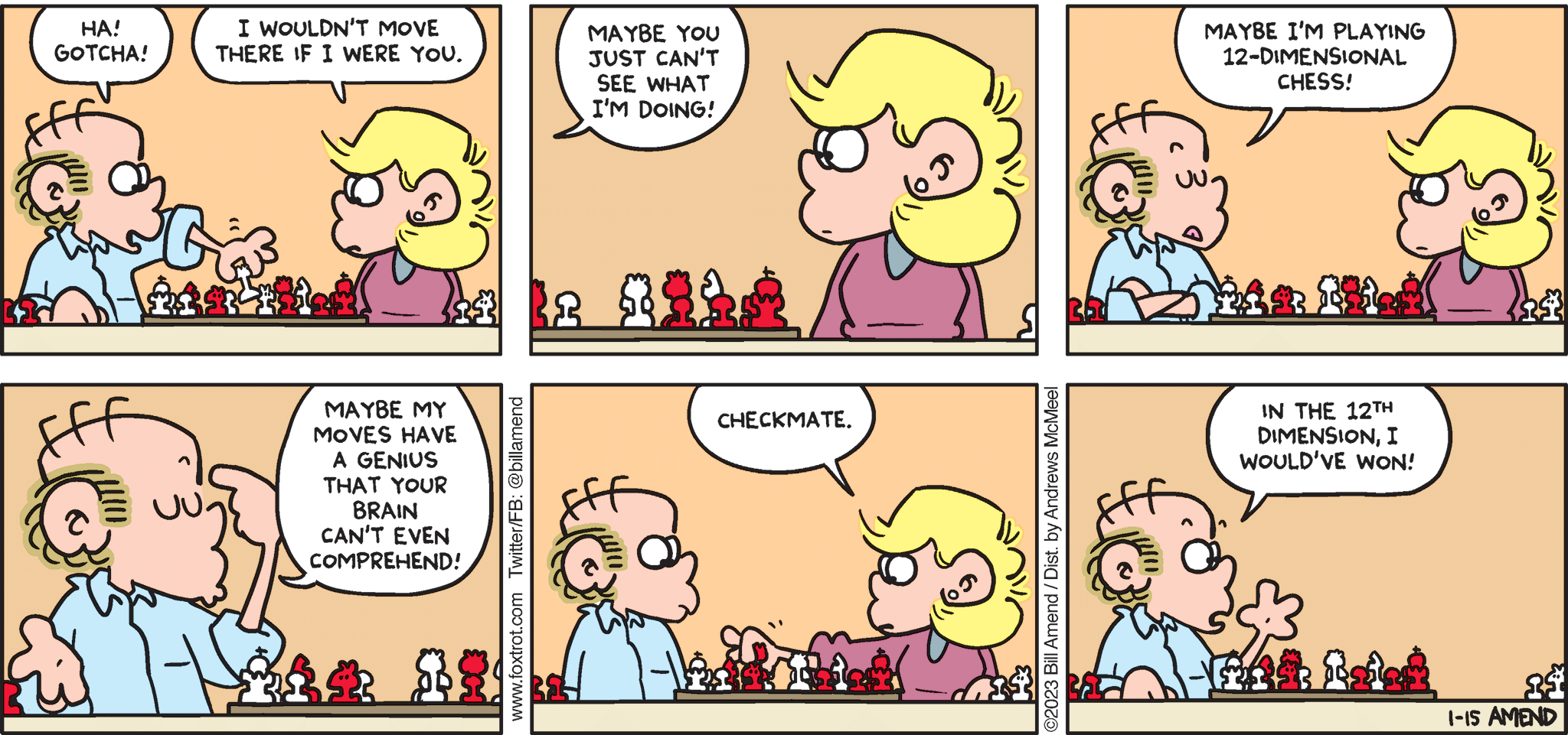 FoxTrot comic strip by Bill Amend - "12-D Chess" published January 15, 2023 - Transcript: Roger Fox: Ha! Gotcha! Andy Fox: I wouldn't move there if I were you. Roger Fox: Maybe you just can't see what I'm doing! Maybe I'm playing 12-dimensional chess! Maybe my moves have a genius that your brain can't even comprehend! Andy Fox: Checkmate! Roger Fox: In the 12th dimension, I would've won!