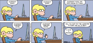 FoxTrot comic strip by Bill Amend - "Goodnight Doom" published January 29, 2023 - Transcript: Jason Fox: Goodnight Doom... Goodnight Zoom... Goodnight music app once known as iTunes... Goodnight Minecraft house... Goodnight wireless mouse... Andy Fox: Will you just put the computer to sleep and go to bed?! Jason Fox: I have a process!