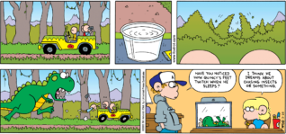 FoxTrot comic strip by Bill Amend - "Q. Rex" published March 29, 2009 - Peter Fox: Have you noticed how Quincy's feet twitch when he sleeps? Jason Fox: I think he dreams about chasing insects or something.