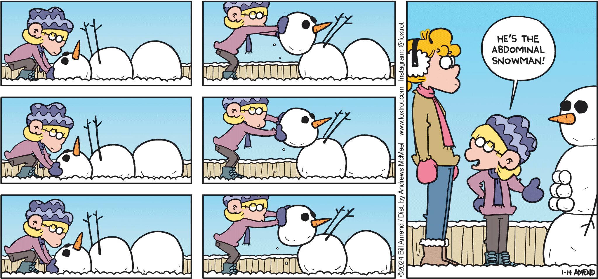 FoxTrot comic strip by Bill Amend - "Cold’s Gym" published January 14, 2024 - Transcript: Jason Fox: He's the Abdominal Snowman!