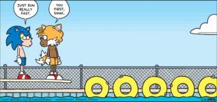 FoxTrot comic strip by Bill Amend - "Sonic Splash" published June 30, 2024 - Transcript: Jason Fox as Sonic the Hedgehog: Just run really fast. Marcus as Tails: You first, Sonic.