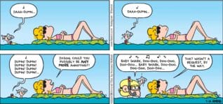 FoxTrot comic strip by Bill Amend - "Shark Attack" published July 28, 2024 - Transcript: Jason Fox: Daaa-dumn... Daaa-dumn... Dumn! Dumn! Dumn! Dumn! Dumn! Dumn! Dumn! Dumn!... Paige Fox: Jason, could you possibly ANY MORE annoying?! Jason Fox: Baby shark, doo-doo, doo-doo, doo-doo... Baby shark, doo-doo, doo-doo, doo-doo... Paige Fox: That wasn't a request by the way.