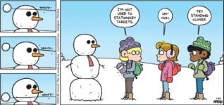 FoxTrot comic strip by Bill Amend - "Near Misses" published January 19, 2025 - Transcript: Jason Fox: I'm not used to stationary target. Eileen: Uh-huh. Marcus: Try standing closer.