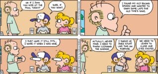 FoxTrot comic strip by Bill Amend - "Speedno" published July 20, 2025 - Transcript: Roger Fox: Ok if I join you kids at the pool today? Peter Fox: Sure, if you want. Roger Fox: I found my old racing Speedo and wanted to swim some laps for old time's sake. I just hope it still fits... I wore it when I was nine. Actually, never mind. I need to finish cleaning the garage. Peter Fox: I swear he does stuff like this on purpose. Paige Fox: We need to learn to close our eyes faster.