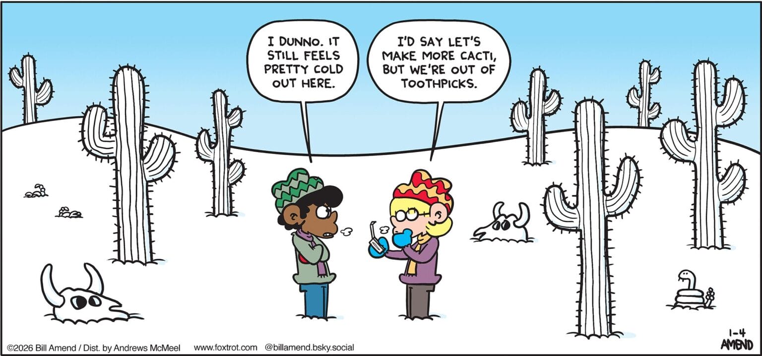 2026 FoxTrot Comics By Bill Amend Ft260104 Foxtrot Comics Bill Amend Frozen Desert Snow Winter Jason Fox Marcus Sunday Comic Strip 1536x718 