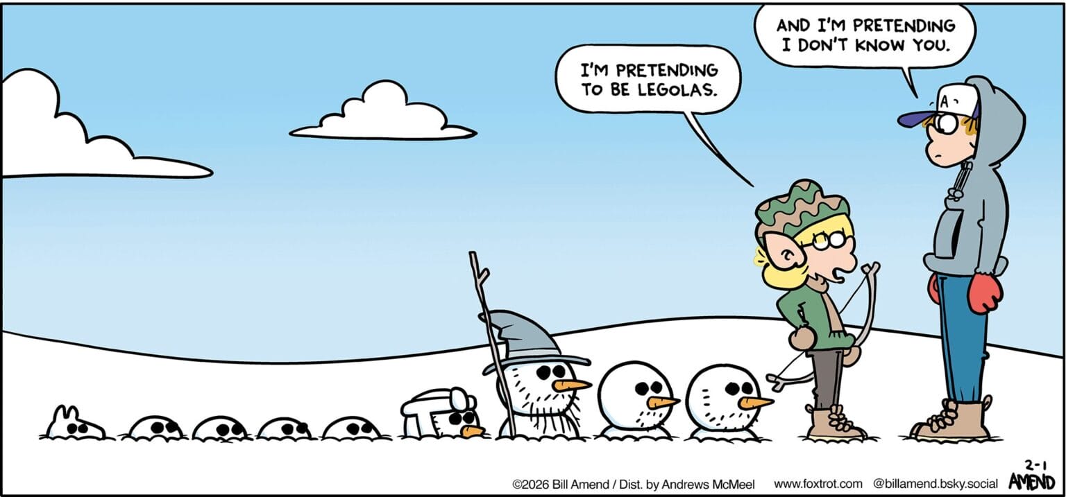 2026 FoxTrot Comics By Bill Amend Ft260201 Foxtrot Comics Bill Amend Elf Expression Snow Winter Lord Of The Rings Legolas Jason Fox Sunday Comic Strip 1536x717 