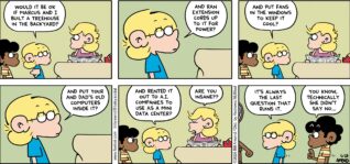 FoxTrot comic strip by Bill Amend - "Data Structure" published June 28, 2026 - Transcript: Jason Fox: Would it be ok if Marcus and I built a treehouse in the backyard? And ran extension cords up to it for power? And put fans in the windows to keep it cool? And put your and dad's old computers inside it? And rented it out to A.I. companies to use as a mini data center? Andy Fox: Are you insane?? Jason Fox: It's always the last question that ruins it. Marcus: You know, technically she didn't say no...