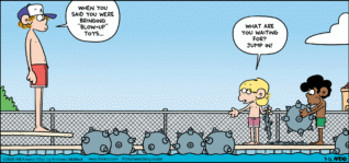 FoxTrot comic strip by Bill Amend - "Blow-Up Toys" published July 12, 2026 - Transcript: Peter Fox: When you said you were bring "blow-up" toys... Jason Fox: What are you waiting for? Jump in!
