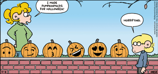FoxTrot comic strip by Bill Amend - "Pumpkinmojis" published October 18, 2026 - Transcript: Paige Fox: I made pumpkinmojis for Halloween! Jason Fox: Horrifying.
